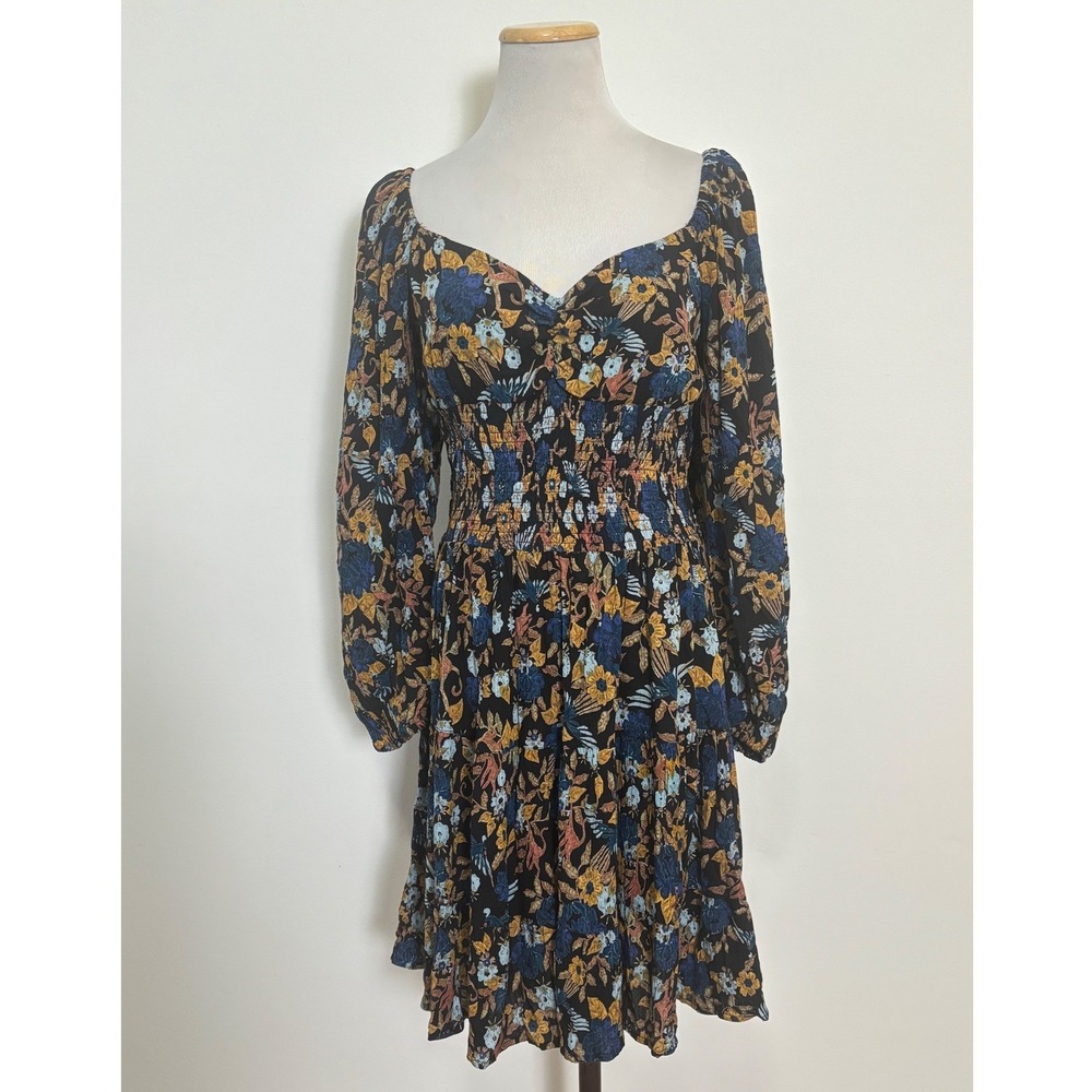 Angie Earthy Forest Fairy Floral Mini Dress Size M Smocked Peasant Boho
